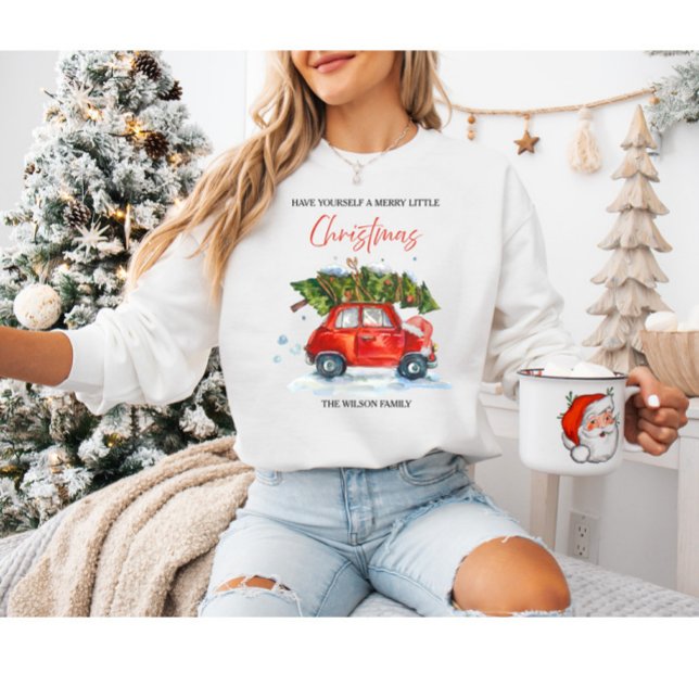Custom Vintage Christmas - Red Car mit Baum Sweatshirt (Von Creator hochgeladen)