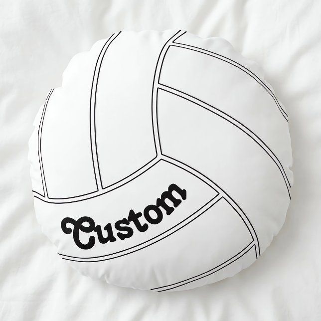 Custom Volleyball Round Decorative Throw Kissen (Customizable round volleyball pillow on white duvet.)