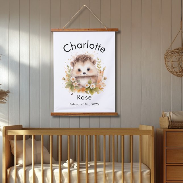 Custom Watercolor Baby Igel Name & Geburtsdatum Wandteppich Mit Holzrahmen (Von Creator hochgeladen)