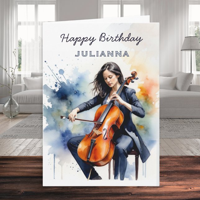 Custom Watercolor Cellist Musician Happy Birthday Karte (A personalized birthday card with a watercolor style picture of a woman playing the cello)