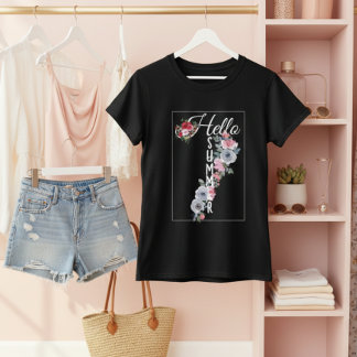 Custom Watercolor Floral Typography Hello Summer T-Shirt