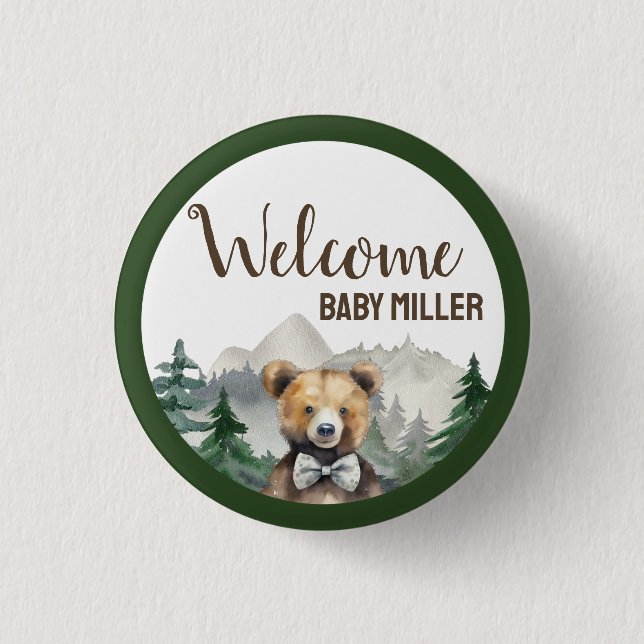 Custom Watercolor Forest, Teddy Bear, Babydusche Button (Vorderseite)