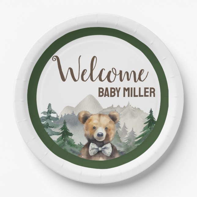 Custom Watercolor Forest, Teddy Bear, Babydusche Pappteller (Vorderseite)