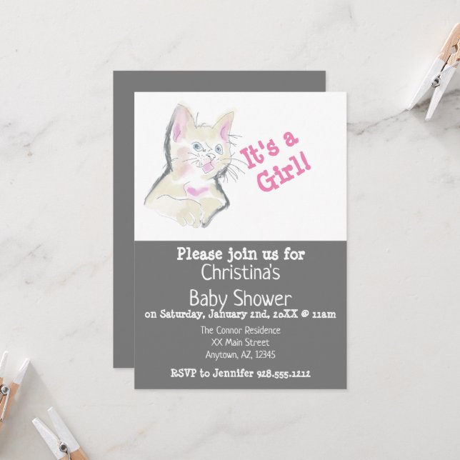 Custom Watercolor Kitten Baby Dusche Einladung (Vorderseite/Rückseite Beispiel)