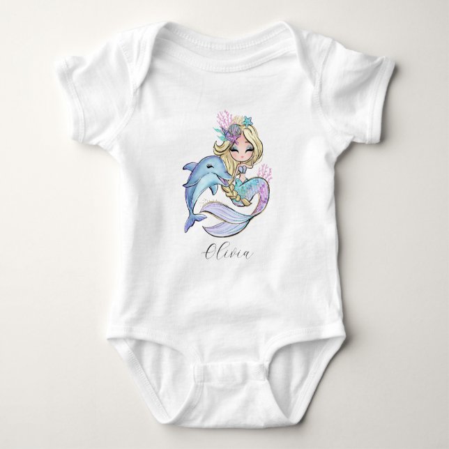 Custom Watercolor Mermaid Personalisiert Girl Baby Strampler (Vorderseite)
