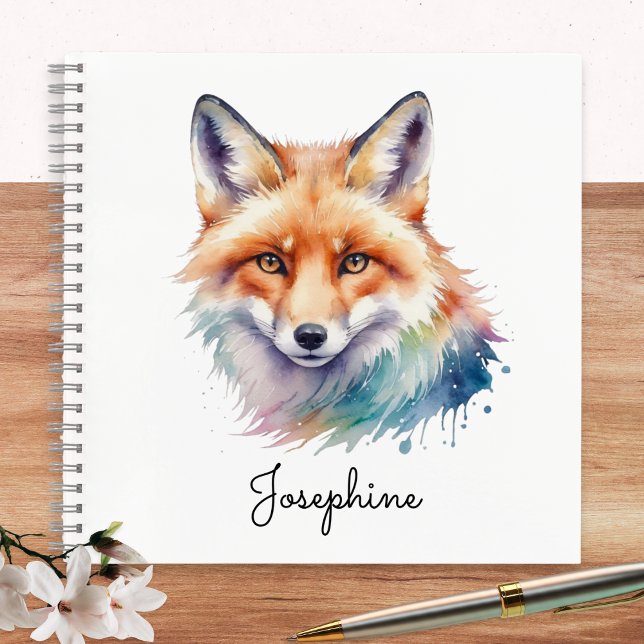 Custom Watercolor Red Fox Personalized Notizbuch (A personalized spiral-bound notebook, with cover illustration of a red fox in a watercolor style)