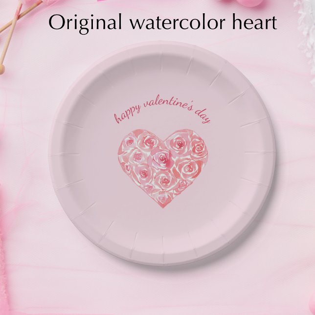 Custom Watercolor Rose Heart Valentine's Day Pappteller (Original watercolor heart filled with roses. Blush pink custom Valentines Day plates.
)