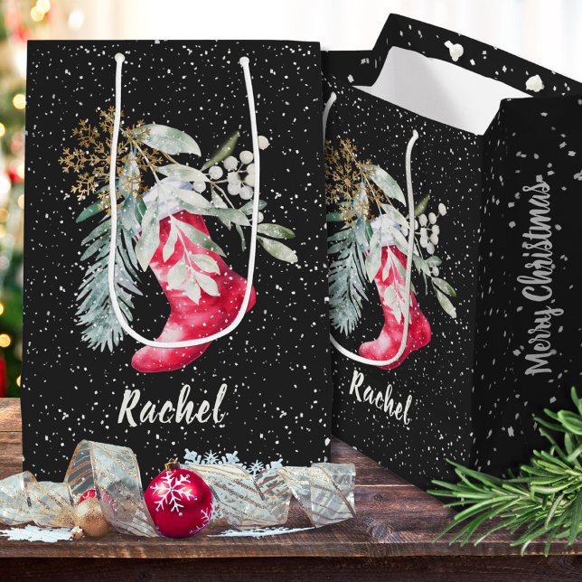 Custom Watercolor Script Eleganter Strumpf Christm Mittlere Geschenktüte (Von Creator hochgeladen)