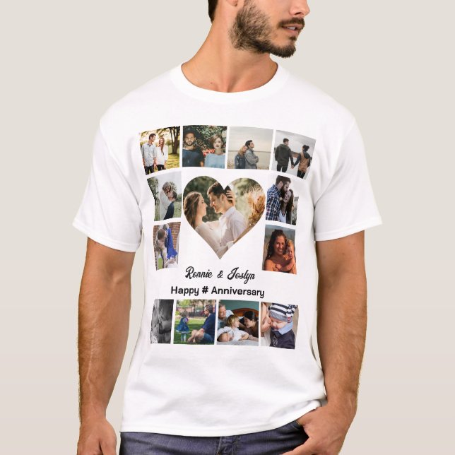 Custom Wedding Anniversary Heart 13 Foto Collage T-Shirt (Vorderseite)
