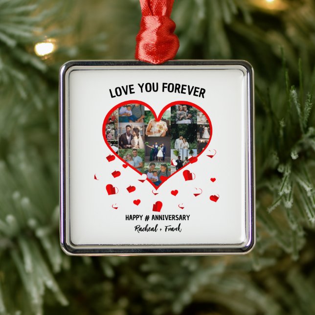 Custom Wedding Anniversary Heart Foto Collage Ornament Aus Metall (Baum)