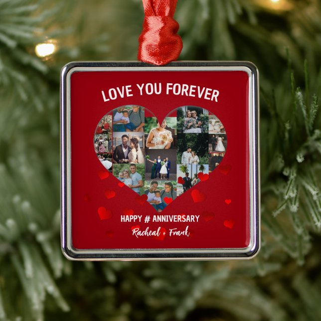 Custom Wedding Anniversary Heart Foto Collage Ornament Aus Metall (Baum)