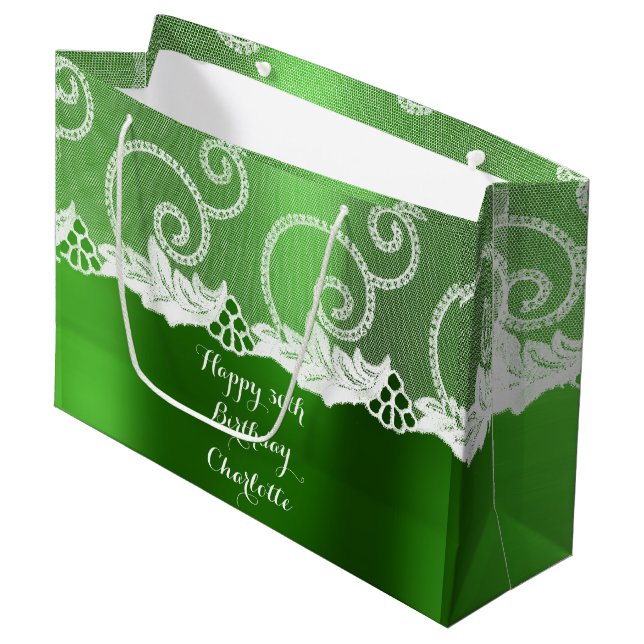 Custom Wedding Birthday Emerald Greenly White Lace Große Geschenktüte (Vorderseite Schrägansicht)