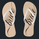 Custom Wedding Colors Bride Flip Flops<br><div class="desc">Elegante schwarze Kalligraphie "Braut" mit bearbeitbarem Farbhintergrund. Klicken Sie auf "Anpassen" und verwenden Sie die Uhren auf der rechten Seite, um die Hintergrundfarbe zu ändern. Das Augenseilwerkzeug gibt Ihnen noch mehr Armbanduhren, und die "erweiterte" Verbindung öffnet das gesamte Spektrum. Sie können auch einen Hex-Wert kopieren und einfügen, wenn Sie einen...</div>