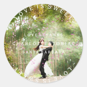 Custom Wedding Danke Pink Heart Petals Foto Runder Aufkleber