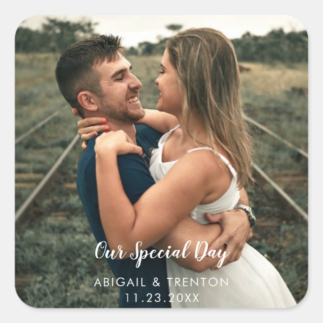 Custom Wedding Day Foto Quadratischer Aufkleber (Vorderseite)