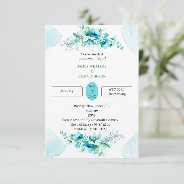 Custom Wedding Elegante Blue Blume Einladung (Stehend Vorderseite)