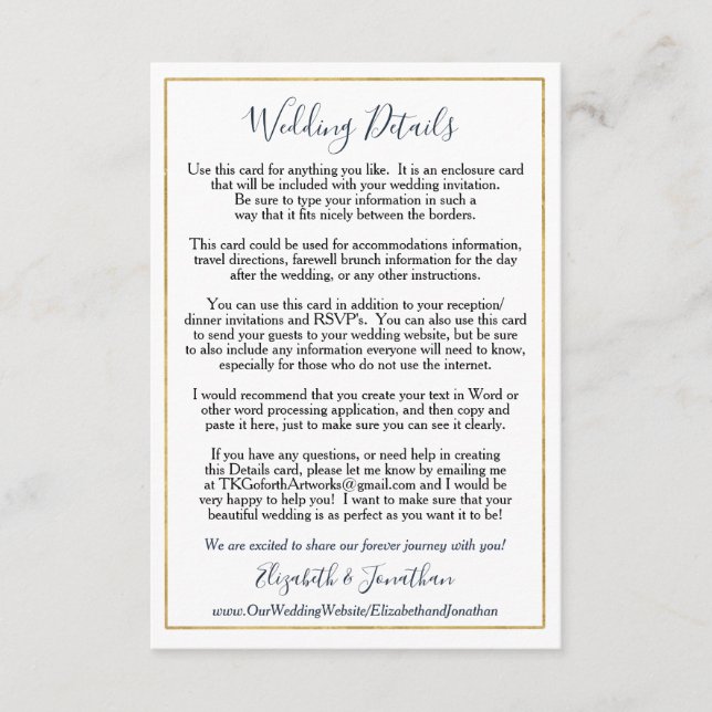 Custom Wedding Enclosure Elegante Navy Gold Begleitkarte (Vorderseite)