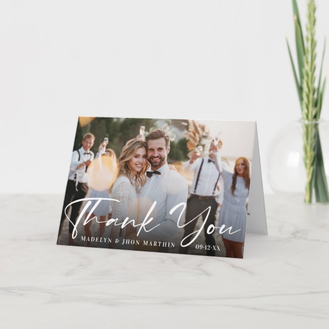 Custom Wedding Foto mit einer eleganten Kalligraph Dankeskarte (Vorderseite)