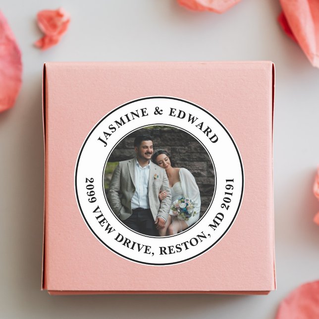 Custom Wedding Foto Moderne Rücksendeadresse Runder Aufkleber (Von Creator hochgeladen)