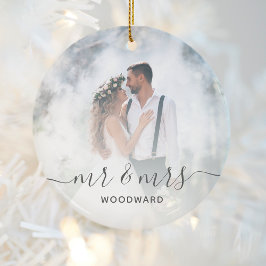 Custom Wedding Foto Mr. und Mrs. Gray Script Keramik Ornament