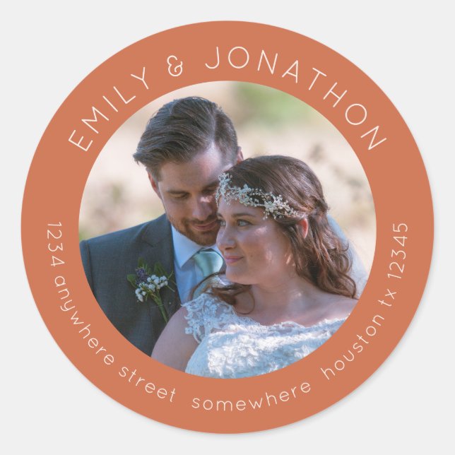 Custom Wedding Foto Rücksendeadresse Terracotta Runder Aufkleber (Vorderseite)
