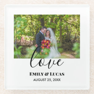 Custom Wedding Foto Simple Elegante Calligraphy Glasuntersetzer