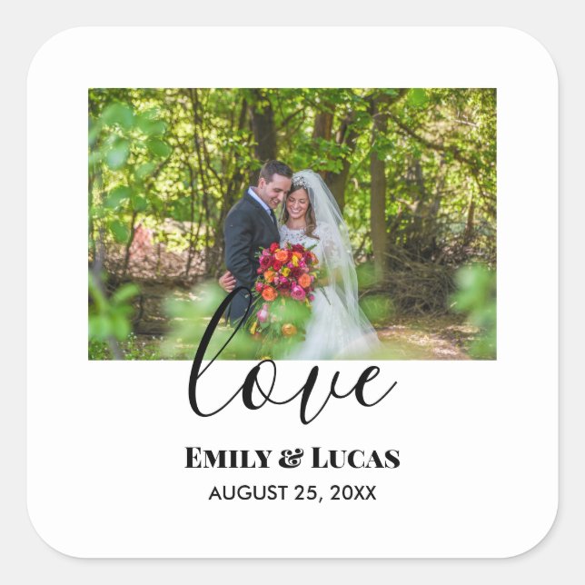 Custom Wedding Foto Simple Elegante Calligraphy Quadratischer Aufkleber (Vorderseite)