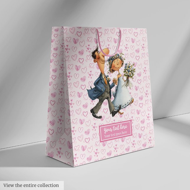 Custom Wedding Gift Bag Quirky Cartoon Newlyweds Mittlere Geschenktüte (Custom Wedding Gift Bag Quirky Cartoon Newlyweds)