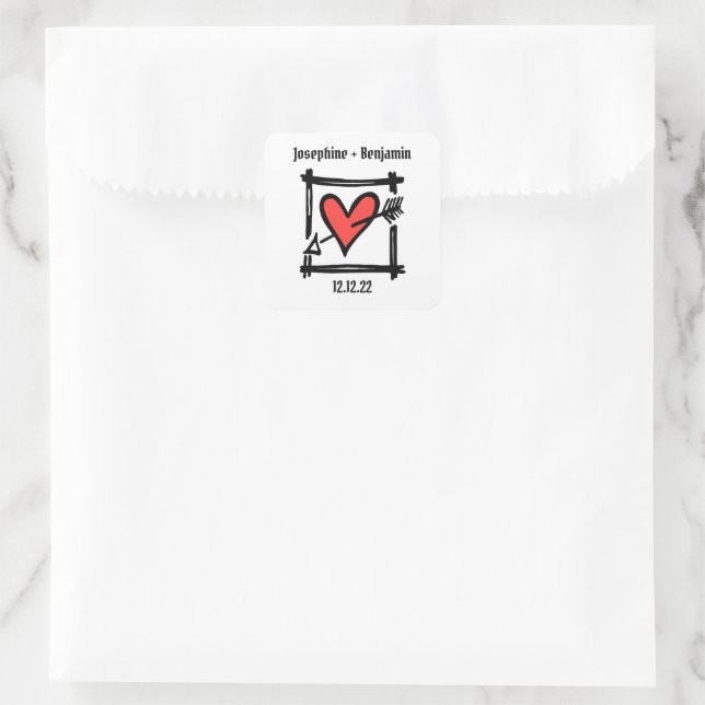 Custom Wedding Liebe Herz Schwarz & Rot Quadratischer Aufkleber (Tasche)