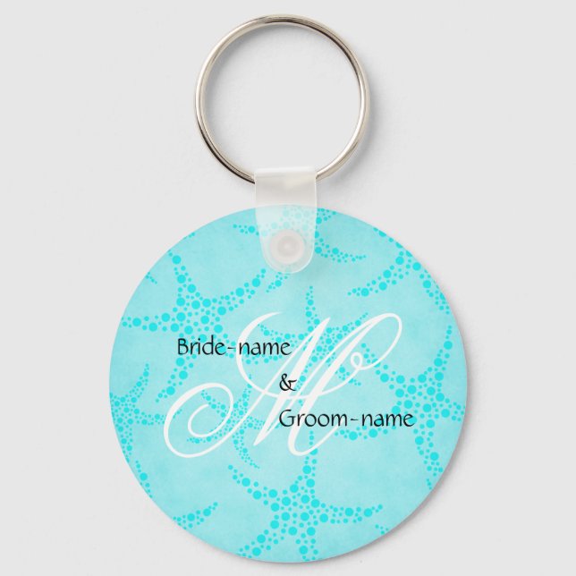 Custom Wedding Monogram Turquoise Starfish Schlüsselanhänger (Vorderseite)