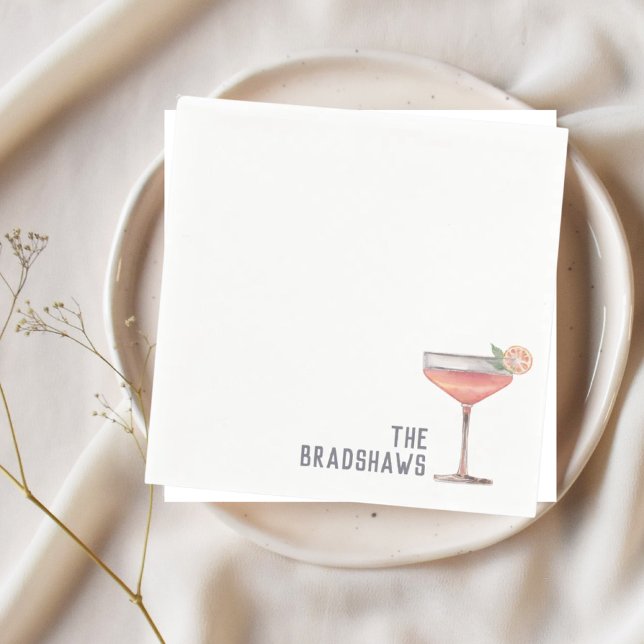 Custom Wedding Napkins Pink Cocktail Stunde Serviette (Custom last name cocktail napkins with pink drink)