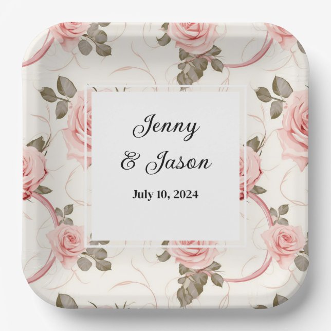 Custom Wedding Pink Roses Paper Teller (Vorderseite)
