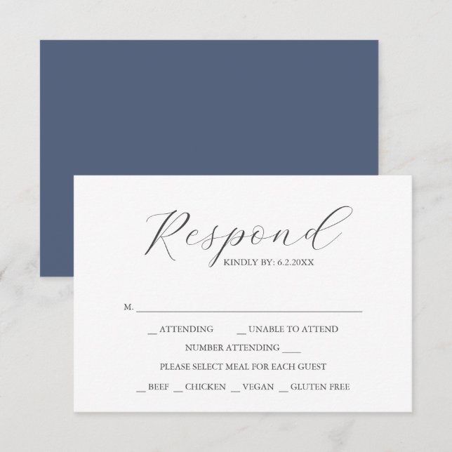 Custom Wedding RSVP Cards Navy Blue Karte (Vorne/Hinten)