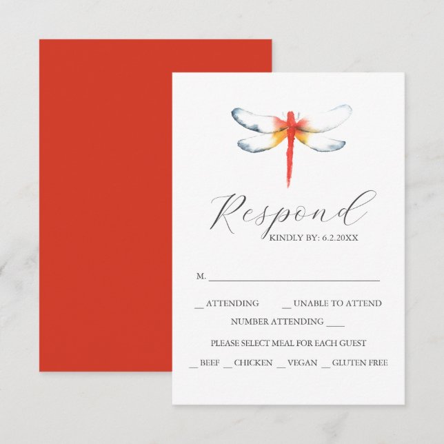 Custom Wedding RSVP Cards Red Dragonfly (Vorne/Hinten)