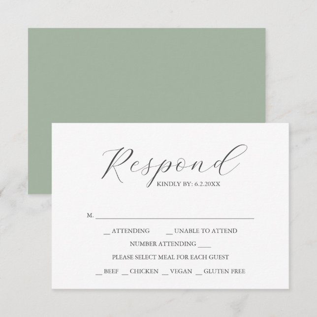 Custom Wedding RSVP Cards Sage Green (Vorne/Hinten)