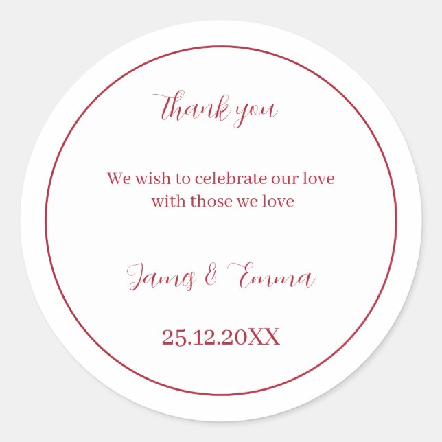 Custom Wedding Simple Red Runder Aufkleber (Vorderseite)