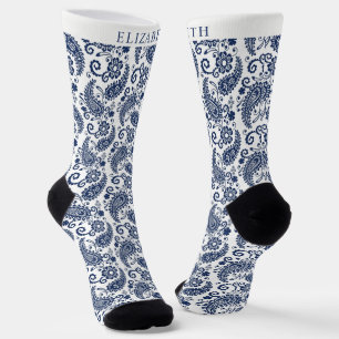 Custom while and Dark Navy Blue Paisley Pattern Socken