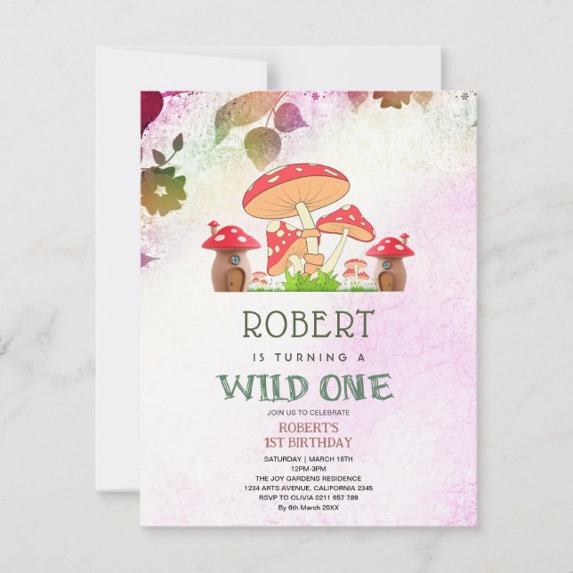 Custom Whimsical Foto Mushroom 1. Geburtstag Einladung (Vorderseite)