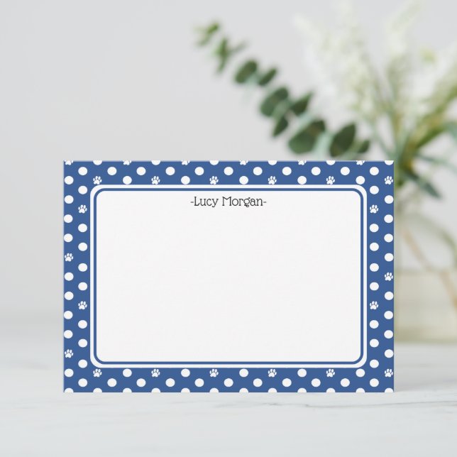Custom Whimsical Paw Print Polka Dot Blue Note Karte (Stehend Vorderseite)