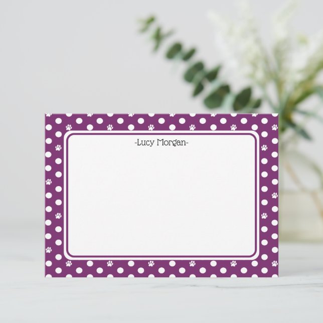 Custom Whimsical Paw Print Polka Dot Purple Note Karte (Stehend Vorderseite)