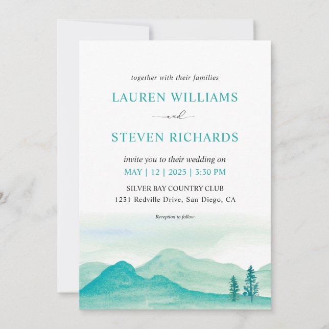 Custom White Aquamarin Blue Wüste Gebirge Hochzeit Einladung (Vorderseite)