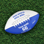 Custom white blue Football with Name, Number, Team<br><div class="desc">Erstellen Sie Ihren eigenen weißen blauen Fußball mit Name,  Nummer,  Teamname,  Slogan und Jahr. Personalisieren Sie diese einfache klassische Fußball-Vorlage mit Ihrer benutzerdefinierten Nachricht,  Name,  Teamname und Jahr. Einfach für einen coolen Sportgenuss personalisieren. Kreieren Sie Ihr einzigartiges personalisiertes Geschenk für Trainer,  Geburtstag eines Jungen,  Fußballspieler,  Teamkollegen und Freunde.</div>