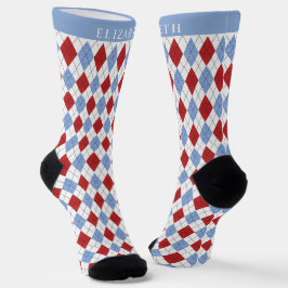 Custom WHite Blue Red Raute Muster Socken