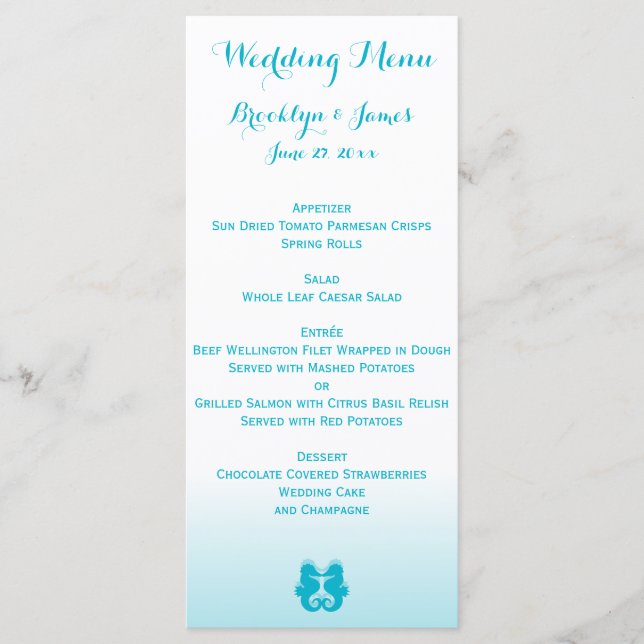Custom White Blue Seepferd Wedelmenu Cards Menükarte (Vorderseite)