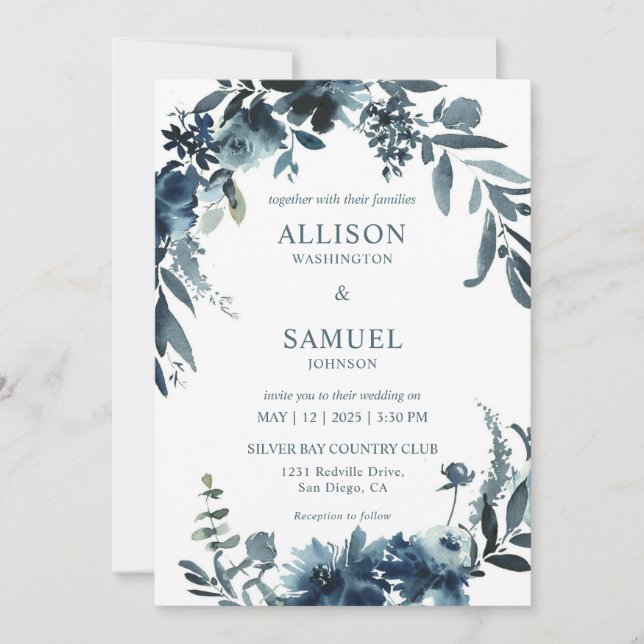 Custom White Dark Blue Indigo Blume Hochzeit Einladung (Vorderseite)