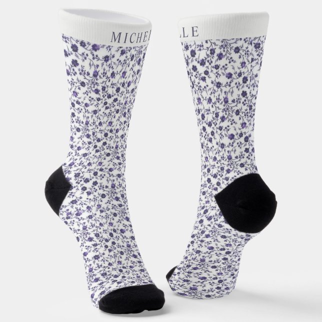 Custom White Floral Light Dunkel Lila Violet Socken (Gewinkelt)
