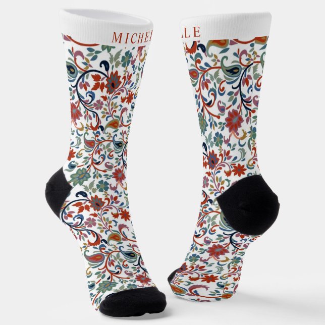Custom White Floral Red Green Paisley Blume Socken (Gewinkelt)