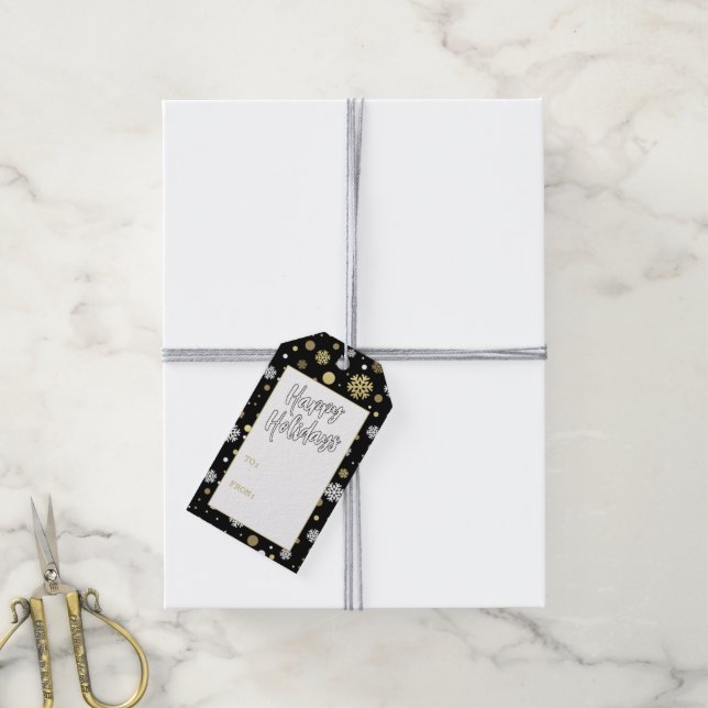 Custom White Gold Snowflakes Punkte auf Black Geschenkanhänger (Mit Garn)