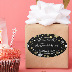 Custom White Gold Snowflakes Punkte auf Black Ovaler Aufkleber