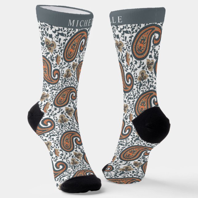Custom White Gray Orange Paisley Pattern Socken (Gewinkelt)